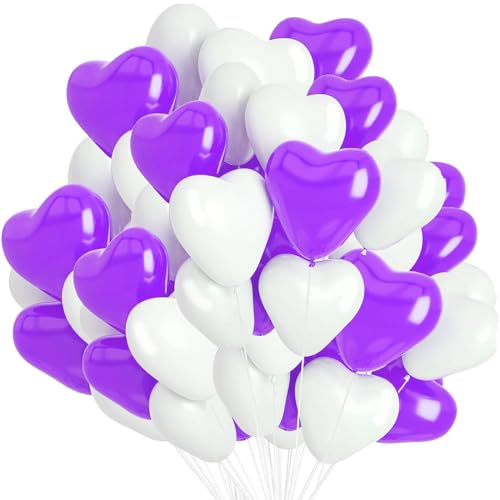 YOUYIKE 50 Pcs Herzluftballons Lila Weiß, 10 Zoll Herzluftballons, Latex Herz Ballon, Herz Helium Ballons, Herzluftballons Hochzeit für Hochzeits Brautdusche Valentinstag Geburtstags Verlobung Party von YOUYIKE