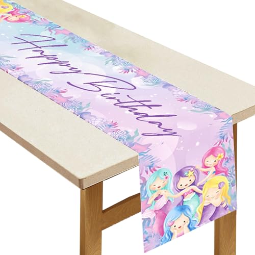 YOUYIKE Meerjungfrau Tischläufer Geburtstag, 180 x 35 cm Happy Birthday Tischdecke Kindergeburtstag, Geburtstag Party Dekoration, Tischdeko Geburtstag für Tischläufer Geburtstag Mädchen von YOUYIKE