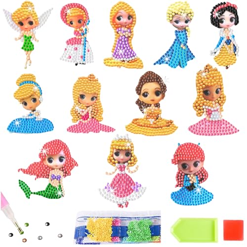 YOUYIKE 12 Stück Diamond Painting Kinder Set, DIY Prinzessin Diamant Aufkleber Kit, 5D DIY Cartoon Diamant Painting Mädchen für Kinder und Erwachsene Anfänger, Geburtstags Geschenk für Mädchen von YOUYIKE