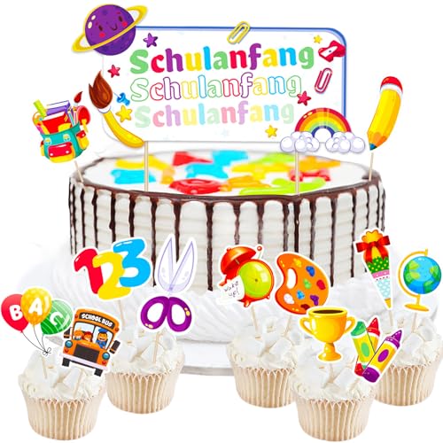 YOUYIKE Schulanfang Tortendeko, Schulanfang Kuchen Topper Cupcake Dekorationen für Einschulung, für Schulkind Junge Mädchen Geschenk und Tortendeko Schulanfang Party Deko von YOUYIKE