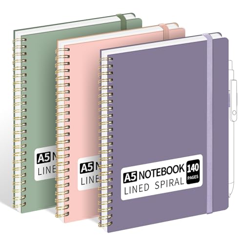 YOXMJDB Liniertes Spiralnotizbuch, kleines A5-College-Notizbuch, liniert, 140 Seiten, Hardcover-Notizbuch für Frauen, To-Do-Liste, Notizbuch für Arbeit, Bibel und Meeting (A5, Grün, Lila und Rosa), 3 von YOXMJDB