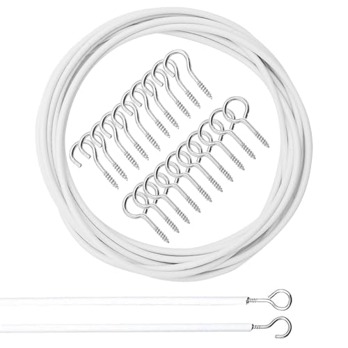 YOYEAH 10M Vorhangdraht Weiß Gardinendraht Set mit Schraubenösen und Haken - PVC-beschichtetes Gardinenseil für Gardinenstangen 2m - Vorhang Seilspannsystem für Vorhänge, Duschvorhänge von YOYEAH