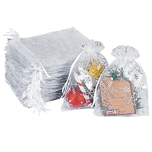 100 Stücke Organzasäckchen Weihnachten,Weiß Schneeflocke Organzasäckchen 10x15cm Kleine Säckchen mit Kordelzug Geschenksäckchen für Weihnachtsseife, Schmuck, Süßigkeiten von YQL