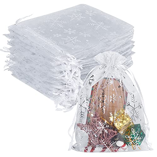 YQL 100 Stücke Organzasäckchen Weihnachten,Weiß Organzasäckchen 13 x 18cm Schneeflocke Kleine Säckchen mit Kordelzug Geschenksäckchen für Weihnachtsseife, Schmuck, Süßigkeiten von YQL