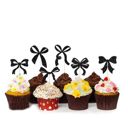 YQLXDHBD Cupcake-Topper mit schwarzer Schleife, für Mädchen, Geburtstagsparty, Dekoration, Schleife, Cupcake-Picker, Babyparty, Geburtstag, Party, Hochzeit, Partyzubehör, 24 Stück von YQLXDHBD