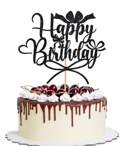 YQLXDHBD Tortenaufsatz "Happy Birthday" mit Schleife, Prinzessinnen-Thema, für Mädchengeburtstag, glitzernde, schwarze Schleife, Cupcake-Schild, Dekorationen für Geburtstagspartys im Koketten-Stil von YQLXDHBD