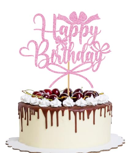 YQLXDHBD Tortenaufsatz "Happy Birthday" mit Schleife, Prinzessinnen-Thema, glitzernde rosa Schleife, Cupcake-Schild, Dekorationen für Geburtstagspartys im Koketten-Stil YQLXDHBD Tortenaufsatz "Happy Birthday" mit Schleife, Prinzessinnen-Thema, glitzernde rosa Schleife, Cupcake-Schild, Dekorationen für Geburtstagspartys im Koketten-Stil von YQLXDHBD