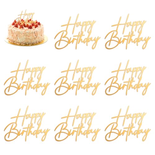 10 Stück goldene Kuchendekoration "Happy Birthday", Acryl-Kuchendekorationen für Geburtstagsparty, Kuchen, Dessert von YQQYG