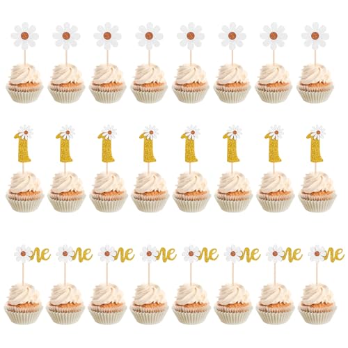 Cupcake-Topper mit Blumenmotiv, goldfarbene Gänseblümchen-Kuchenaufsätze für den 1. Geburtstag, Gänseblümchen-Dekoration, Blumen-Cupcake-Essenspieße für Babyparty, Geburtstagsparty, 24 Stück Cupcake-Topper mit Blumenmotiv, goldfarbene Gänseblümchen-Kuchenaufsätze für den 1. Geburtstag, Gänseblümchen-Dekoration, Blumen-Cupcake-Essenspieße für Babyparty, Geburtstagsparty, 24 Stück von YQQYG