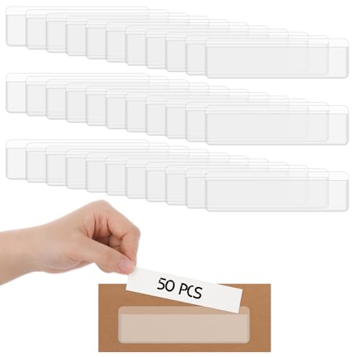 Selbstklebende Etikettenhalter 50 Stück, 11 x 3 cm Kunststoff-Etiketten für Aufbewahrungsboxen, Schubladenetiketten, transparente Regaletiketten, Preisschilder, Aktenschrank, Briefkasten von YQQYG