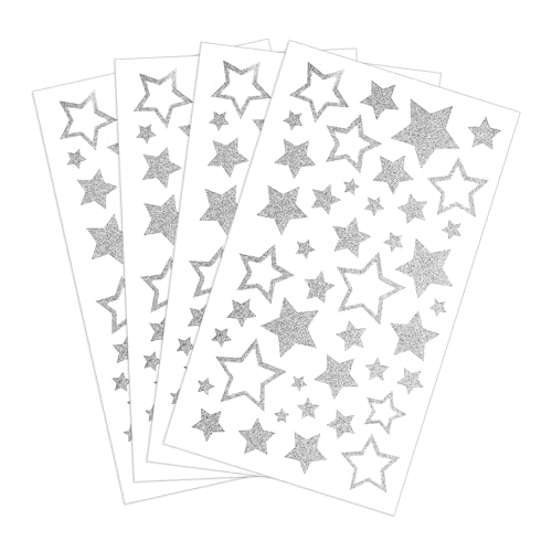 YQQYG 4 Blatt Sterne Aufkleber Silber, Verschiedene Größen Silberne Sternaufkleber für Bastelarbeiten, Glitzernde Sternetiketten Selbstklebend, Glänzende für Scrapbook, Sterne Silber zum Aufkleben von YQQYG