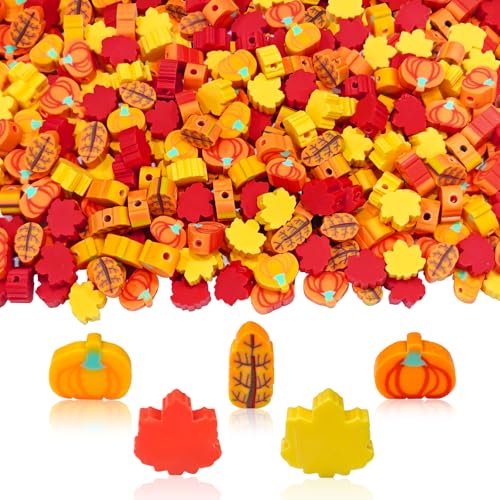 YQUQWN 200 Stück Polymer-Ton-Perlen für Thanksgiving, Ahornblatt, Kürbis-Ton, Perlen für Schmuckherstellung, Herbst-Halskette, DIY-Armband, Herbstzubehör, Partyzubehör, Bastelsets von YQUQWN