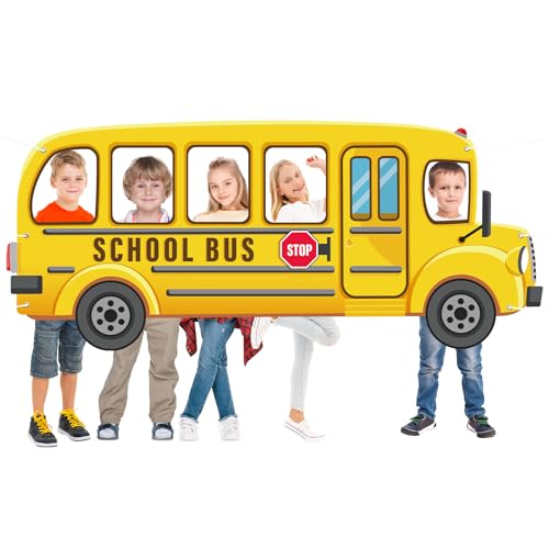 YQUQWN Schulbus-Foto-Requisite, groß, 190 x 83 cm, Schulanfang, Partyschild, Dekoration, Selfie-Rahmen, gelber Bus-Hintergrund, Banner für Studenten, erster Tag, Geburtstag, Fotoautomaten-Partyzubehör von YQUQWN
