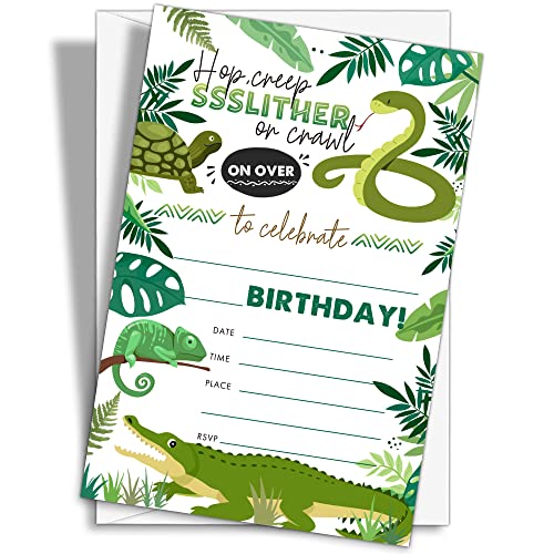 YQV HBYQK-B35 Einladungskarten für Reptilien-Geburtstagsparty, 20 Stück, Schlangen-Eidechse, Krokodil-Thema, Geburtstagsparty-Einladungen mit Umschlägen von YQV