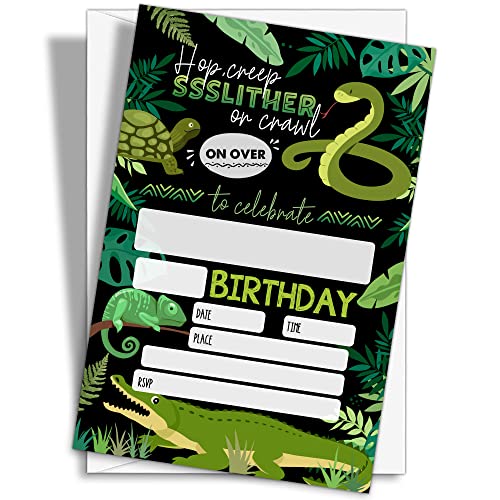 YQV HBYQK-B36 Einladungskarten für Reptilien-Geburtstagsparty, 20 Stück, Schlangen-Eidechse, Krokodil-Thema, Geburtstagsparty-Einladungen mit Umschlägen, 20 Stück von YQV