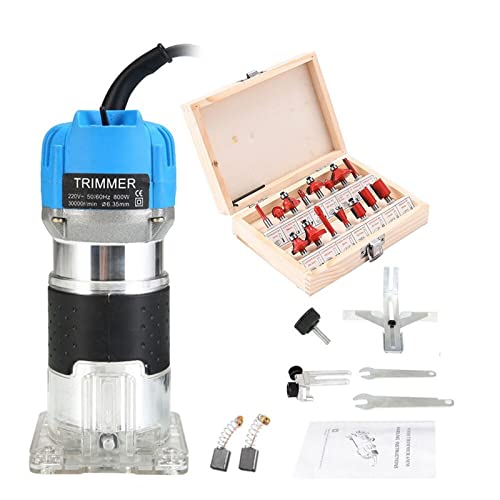 YQVEOT Elektrische Oberfräse, Elektrisches Holzbearbeitungs-Gravierset mit 15-teiligem Fräser for elektrische Holztrimmer-Kantenfräser 1/4 800 W 30000 U/min (6,35 mm)(Blue) von YQVEOT