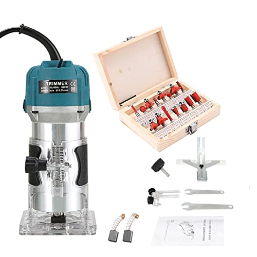 YQVEOT Elektrische Oberfräse, Elektrisches Holzbearbeitungs-Gravierset mit 15-teiligem Fräser for elektrische Holztrimmer-Kantenfräser 1/4 800 W 30000 U/min (6,35 mm)(Silver) von YQVEOT