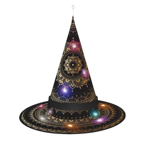 YQxwJL Hexenhut mit Mandala-Druck, LED-Lichtkappe, Halloween, hängende Hexenhüte, faltbare Kappe für Party, Cosplay von YQxwJL