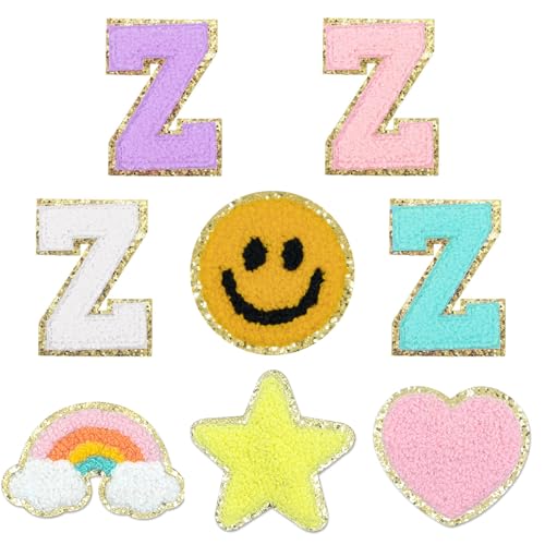 YRAKOZIN 8 Stück selbstklebende bestickte Chenille-Buchstaben-Aufnäher, inklusive 4 A-Z Varsity-Buchstaben, Stern, Herz, Smiley-Gesicht, Regenbögen, Aufkleber, für Rucksäcke, Hüte, Kleidung, Schuhe von YRAKOZIN