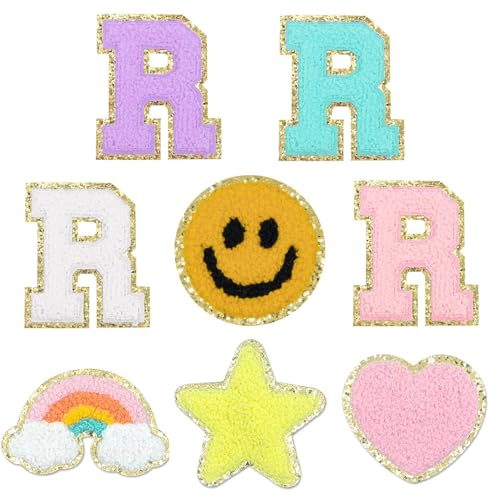 YRAKOZIN 8 Stück selbstklebende bestickte Chenille-Buchstaben-Aufnäher, inklusive 4 A-Z Varsity-Buchstaben, Stern, Herz, Smiley-Gesicht, Regenbögen, Aufkleber, für Rucksäcke, Hüte, Kleidung, Schuhe von YRAKOZIN