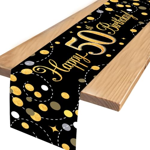 YRsorn 50 Geburtstag Deko Tischläufer Geburtstag - Geburtstagsdeko Schwarz Gold Tischdeko Geburtstag, Happy Birthday Tischläufer für Deko 50. Geburtstag Mann Frau Party Geburtstagsdeko, 35x180cm von YRsorn
