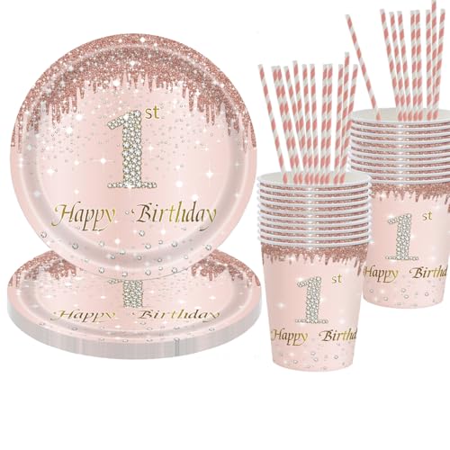 Deko 1. Geburtstag Mädchen Partygeschirr Set - Pappteller Erster Geburtstag Geburtstagsdeko 1 Jahr Mädchen für 20 Gäste von YRsorn