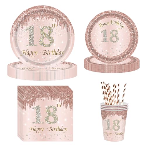 YRsorn 18. Geburtstag Deko Partygeschirr - Deko 18. Geburtstag Mädchen Partyteller, Pappteller, Becher, Servietten für Tischdekoration für 20 Gäste von YRsorn