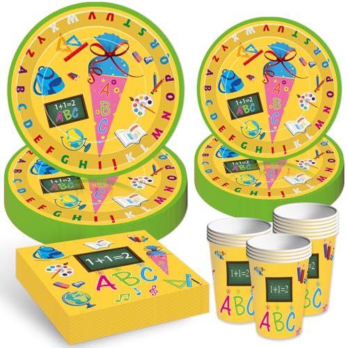 YRsorn Einschulung Deko Partygeschirr - Schulanfang Deko Pappteller Pappbecher Servietten für 10 Gäste Einschulung Schuleinführung Party Deko von YRsorn