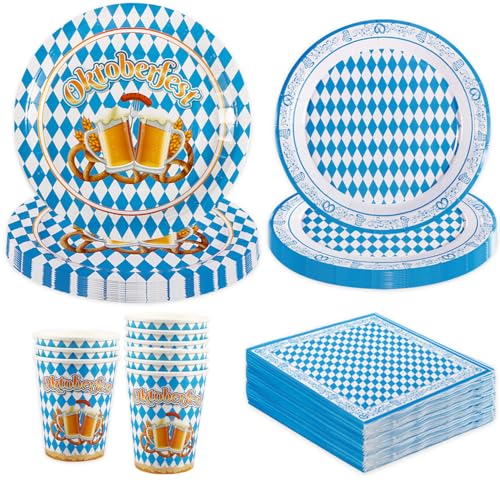 YRsorn Oktoberfest Deko Partygeschirr Set - Oktoberfest Servietten Blau Weiß, Bayrische Deko Party Pappteller Becher für Oktoberfestparty Grillparty von YRsorn