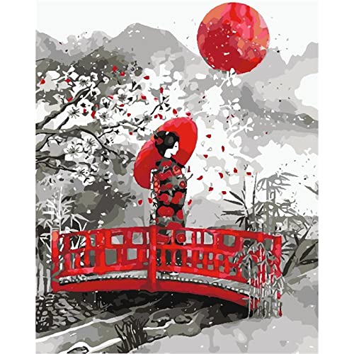 YSCOLOR Malen Nach Zahlen Rote Landschaft Für Erwachsene Japanische Geisha Kunst Zeichnung Auf Leinwand Geschenk Diy Stadtbilder Nach Zahlen Kits Dekor Zuhause 40X50cm von YSCOLOR