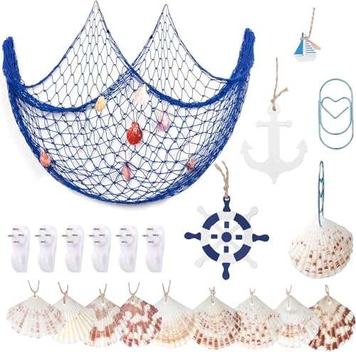 YSDMY Dekoratives Fischernetz 1M*2M Nautisches Fischnetz mit Muscheln，Segelboot，Steuerrad，Holzanker，bildaufhänger ，Bad Deko Maritim Büroklammern für die nautische Dekorationsparty zu Hause Deko Meer von YSDMY