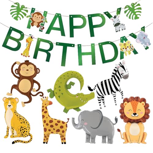 YSDYY 7 Stücke Jungle Animal Aluminium Filmballons Und 1 Stück Ziehflagge, Cartoon -Tierdekorationen, Partydekorationen, Party -Dekorationen Für Kinder. von YSDYY