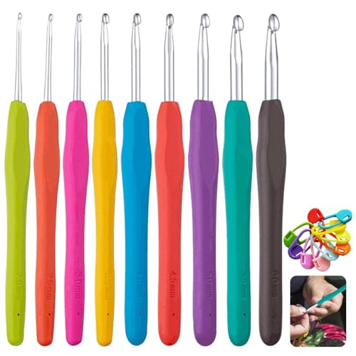 9-tlg. Häkelnadel Set 2,0-6,0 mm Ergonomische Stricknadeln - Häkelnadeln mit Bunter Häkelkopf Inklusive Maschenmarkierer 20 für Anfänger von YSHODGU