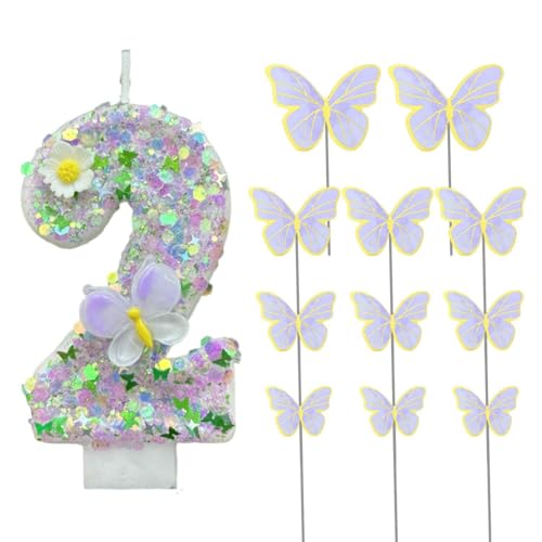 YSJCHEBS 1 Stück Schmetterlingsblumenkerze Und 11 Stück Schmetterlingsdekoration, Zahl 2 Kerze, Kuchendekorationseinsatz, Mädchenkuchendekoration, Backdekoration YSJCHEBS 1 Stück Schmetterlingsblumenkerze Und 11 Stück Schmetterlingsdekoration, Zahl 2 Kerze, Kuchendekorationseinsatz, Mädchenkuchendekoration, Backdekoration von YSJCHEBS