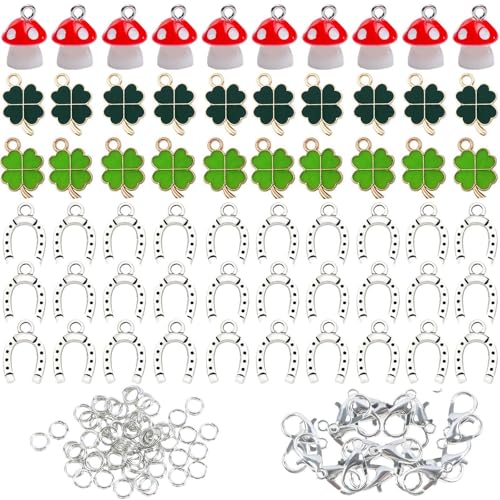 YSJCHEBS 10 Stück Pilzanhänger, 30 Stück Hufeisenanhänger, 20 Stück Vierblättriges Kleeblattanhänger, Mit 50 Stück Geschlossenen Ringen Und 50 Stück Metallschnallen, DIY-Schmuck von YSJCHEBS