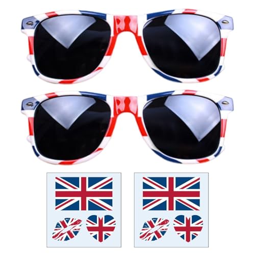 YSJCHEBS 2 Stück Flaggenbrille, 2 Britische Tattoo-Aufkleber, Retro-Sonnenbrille, Unisex-Sonnenbrille, Britische Partydekoration, Geeignet Für Den Außenbereich von YSJCHEBS