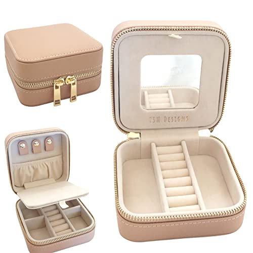 YSM Designs Reise-Schmuck-Organizer-Box, Reise-Schmuckkoffer | kleine Schmuckschatulle für Frauen, Schmuck-Reiseetui | Ohrring-Organizer-Box mit Spiegel (beige) von YSM Designs