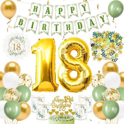YSUVIN 18.Geburtstag Deko Salbeigrüne, Luftballon Girlande Geburtstag Tortendeko Kuchendeko Herzen Windlicht Tischdeko Servietten Grüne Konfetti Ballon für Deko 18 Frauen Männer von YSUVIN