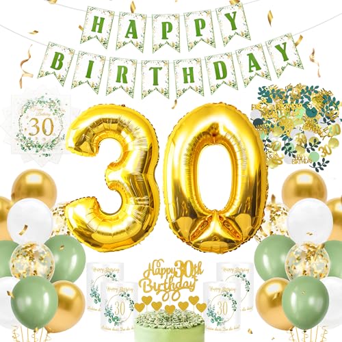 YSUVIN 30.Geburtstag Deko Salbeigrüne, Luftballon Girlande Geburtstag Tortendeko Kuchendeko Herzen Windlicht Tischdeko Servietten Grüne Konfetti Ballon für Deko 30 Frauen Männer von YSUVIN