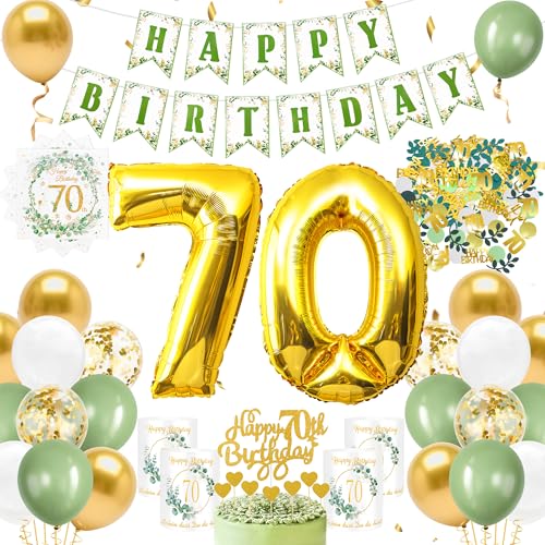 YSUVIN 70.Geburtstag Deko Salbeigrüne, Luftballon Girlande Geburtstag Tortendeko Kuchendeko Herzen Windlicht Tischdeko Servietten Grüne Konfetti Ballon für Deko 70 Frauen Männer von YSUVIN
