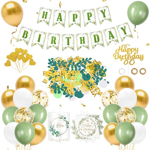 YSUVIN Geburtstag Deko Salbeigrüne, Luftballon Girlande Geburtstag Tortendeko Kuchendeko Herzen Windlicht Tischdeko Servietten Grüne Konfetti Ballon für Frau Mann Party Deko von YSUVIN