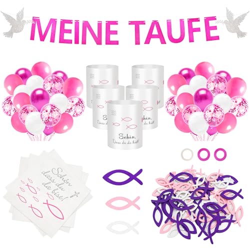 YSUVIN Taufe Deko, 119 Stück Junge Mädchen Deko Taufe, Meine Taufe Girlande, Luftballons, Servietten, Windlicht Tischdeko, Holz Fische Deko, Rosa YSUVIN Taufe Deko, 119 Stück Junge Mädchen Deko Taufe, Meine Taufe Girlande, Luftballons, Servietten, Windlicht Tischdeko, Holz Fische Deko, Rosa von YSUVIN