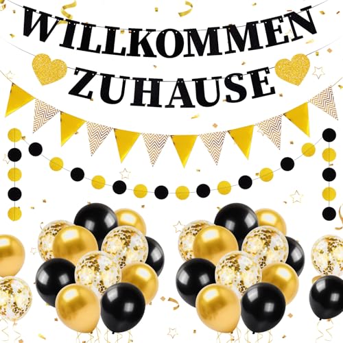 YSUVIN Willkommen Zuhause Deko, 1 Willkommen Zuhause Banner, 1 Runde Kette Banner, 1 Triangular Flag Banner, 20 Luftballons für Hochzeit Einweihungsparty, Schwarz+Gold von YSUVIN