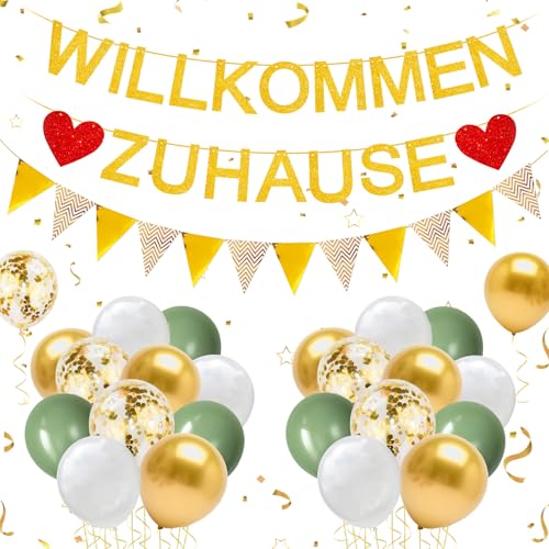YSUVIN Willkommen Zuhause Deko, Herzlich Willkommen-Girlande, 1 Willkommen-Zuhause Banner, 1 Triangular Flag Banner, 20 Luftballons für Hochzeit, Einweihungsparty, Gold+Grün von YSUVIN