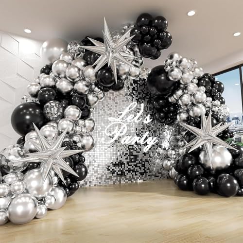 Ballonbogen-Set mit Foliensternballons, Konfetti-Latex-Luftballons für Abschlussfeier, Geburtstag, Silvesterparty, Dekoration, Schwarz-Silber-Ballonbogen-Set, 231 Stück Ballonbogen-Set mit Foliensternballons, Konfetti-Latex-Luftballons für Abschlussfeier, Geburtstag, Silvesterparty, Dekoration, Schwarz-Silber-Ballonbogen-Set, 231 Stück von YSUY