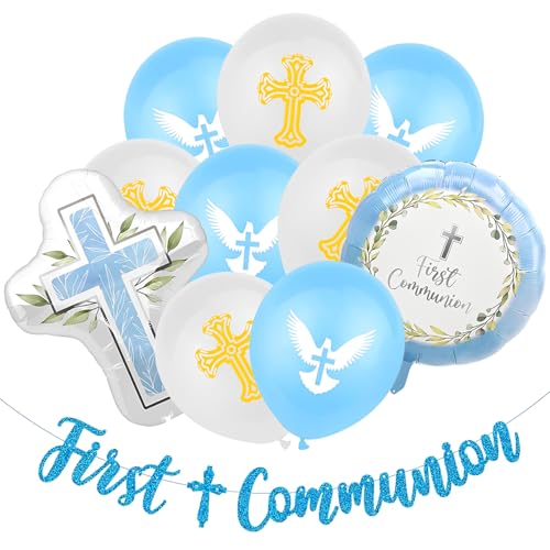 Blau Heilige Kommunion Dekorationen, Erstkommunion Luftballons & Flagge Set für Jungen Mädchen, 10 Luftballons 1 Banner - Kommunion Kuchen Topper Konfirmation Dekorationen 1. Heilige Kommunion Party von YSUY