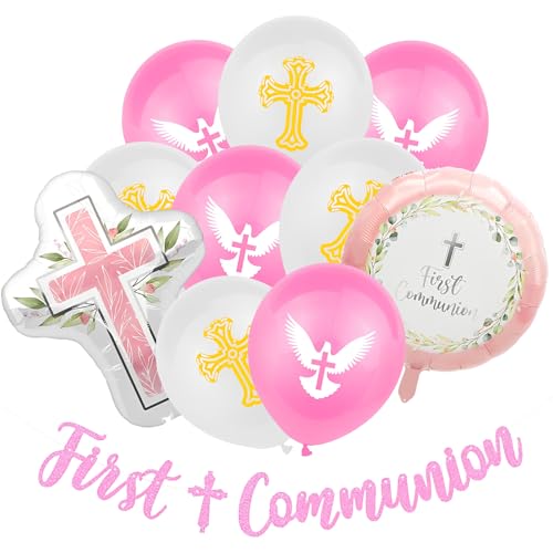 Rosa Heilige Kommunion Dekorationen, Erstkommunion Luftballons & Flagge Set für Jungen Mädchen, 10 Luftballons 1 Banner - Kommunion Kuchen Topper Konfirmation Dekorationen 1. Heilige Kommunion Party von YSUY