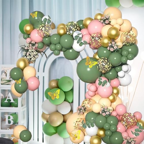 YSUY 167pcs Ballonbogen Kit Grün Luftballons Champagner Rosa Weiß mit Folienstern Ballon Schmetterling Dekoration - für Baby Shower Geburtstag Hochzeit Party Luftballons Latex Ballons für Abschluss von YSUY