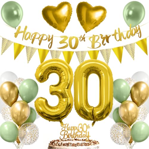 30. Geburtstag Deko Mann Frau, Luftballon 30 Deko Geburtstag Grün Gold Weiß mit Happy Birthday Girlande, Tortendeko für 30.ter Geburtstag Dekoration 30. Geburtstag Deko Mann Frau, Luftballon 30 Deko Geburtstag Grün Gold Weiß mit Happy Birthday Girlande, Tortendeko für 30.ter Geburtstag Dekoration von YSWOVUO