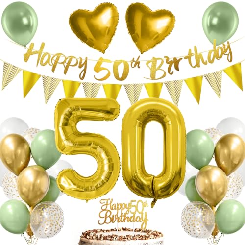 50. Geburtstag Deko Mann Frau, Luftballon 50 Deko Geburtstag Grün Gold Weiß mit Happy Birthday Girlande, Tortendeko für 50.ter Geburtstag Dekoration 50. Geburtstag Deko Mann Frau, Luftballon 50 Deko Geburtstag Grün Gold Weiß mit Happy Birthday Girlande, Tortendeko für 50.ter Geburtstag Dekoration von YSWOVUO